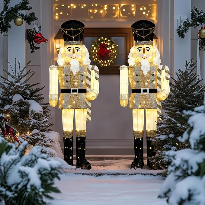 61Inch Nutcracker Christmas Decor Outdoor with LEDs 5 Feet Lighted Large Nutcracker Lighted Christmas Decorations Outdoor with Stakes & Zip Ties for Xmas Yard, Porch, Lawn
