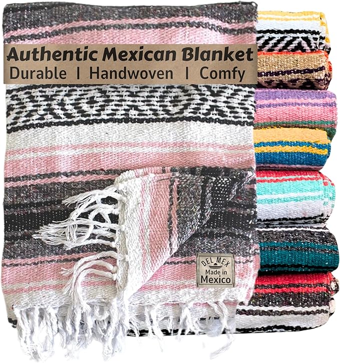 Del Mex Classic Mexican Blanket, Large Authentic Woven Falsa Throw (70"x50"), Artisan Southwest Décor for Beach, Yoga, Outdoors (Pink)