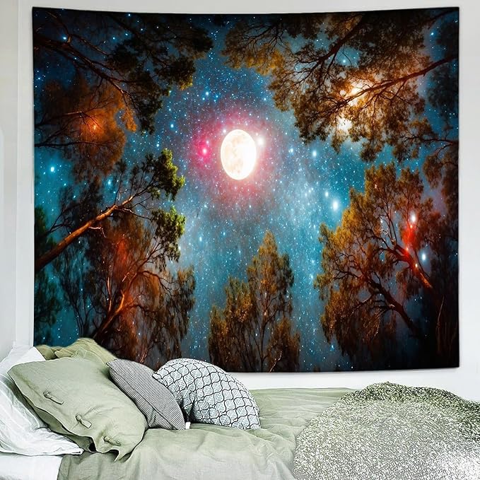 Delur Forest Tapestry Galaxy Moon Stars Night Space Starry Sky Wall Hanging Tapestry Aesthetic Tree Nature Landscape Psychedelic Headboard for Bedroom Living Room Home Decor (59.1" x 78.7")