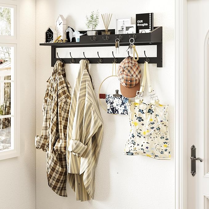 AMBIRD 35 inch Wall Hooks with Shelf, Coat Rack Wall Mount, Large Coat Hanger for Wall, Entryway Shelf with 7 Dual Coat Hooks, 4 Key Hooks and Mail Organizer, Wooden Key Holder Rack (Black)