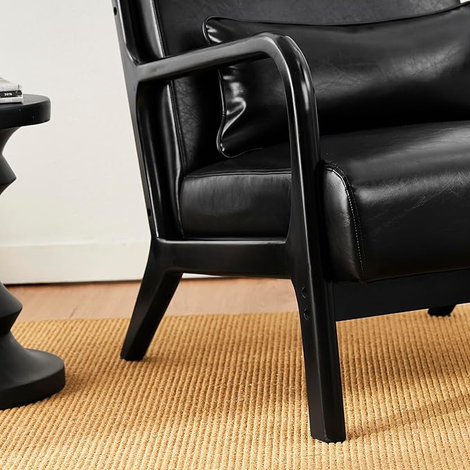 Glitzhome Accent Armchair with Walnut Ruberwood Frame, Black PU Leather Lounge Chair for Living Room