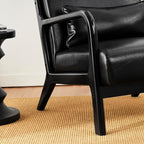 Glitzhome Accent Armchair with Walnut Ruberwood Frame, Black PU Leather Lounge Chair for Living Room