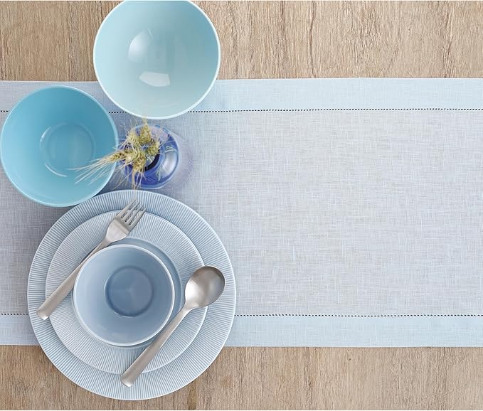 Solino Home Linen Light Blue Table Runner 48 Inches - Classic Hemstitch, 100% Pure Linen Coffee Table Runner 14 x 48 Inch Ideal for Dresser Tables
