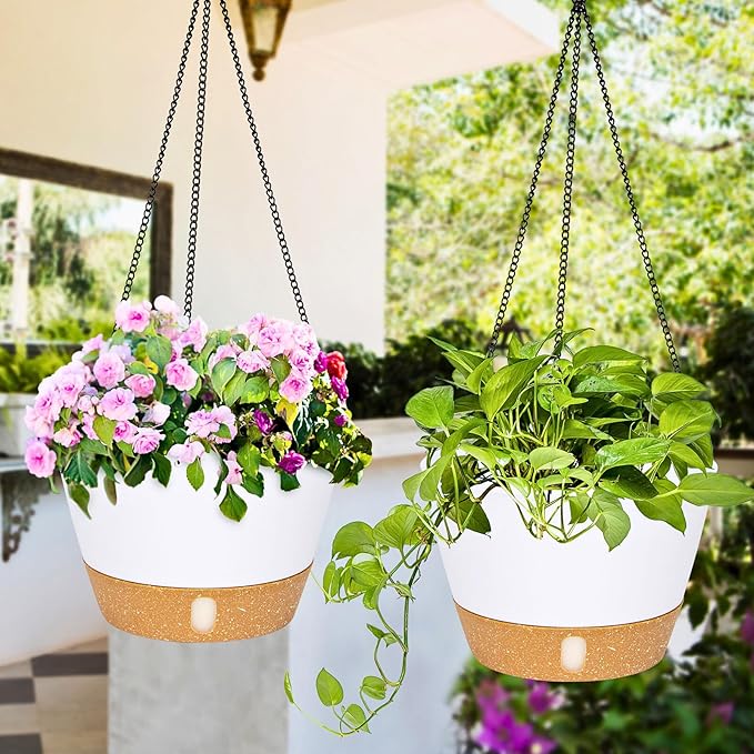 QCQHDU 2 Pack Hanging Planters for Indoor Outdoor Plants, 10 Inch Hanging Baskets Flower Pots with Reservoir Tray & Visible Water-Level