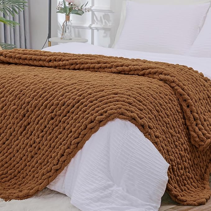 Bigacogo Chunky Knit Throw Blanket for Couch, 40x80 inches, 100% Hand Knitted with Thick Jumbo Chenille Yarn, Cozy Soft Large Rope Knot Cable Crochet Blankets for Sofa Bed Living Room, Caramel