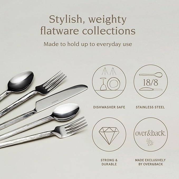 over&back 20pc Hand-Forged Flatware Cutlery Set - Comes with 4 Dinner Forks, 4 Salad Forks, 4 Dinner Knives, 4 Dinner Spoons, and 4 Teaspoons - Dishwasher-Safe - 18/8 Stainless Steel