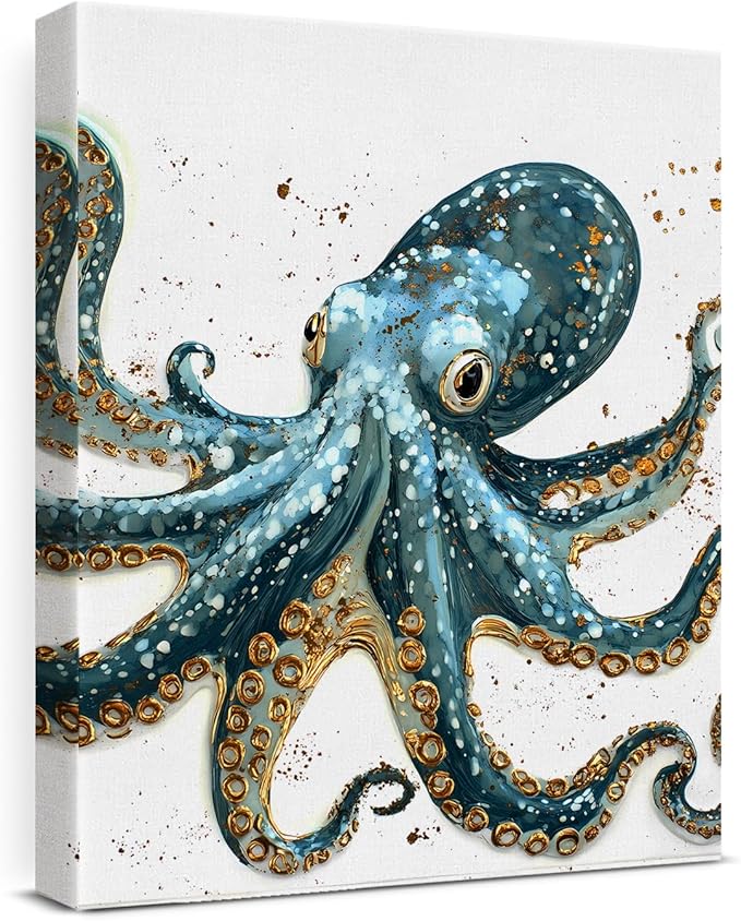 Nautical Octopus Canvas Wall Art Octopus Ocean Theme Print Poster Coastal Framed Picture Painting for Home Beach House Bedroom Wall Decor 8x10 Inch