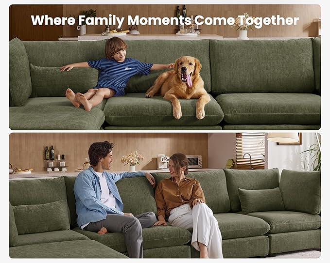 Oversized Modular Sofa, Extra Deep Cloud Chenille Sectional Couch with Ottoman Chaise, Fluffy Chenille 2 Seater Sofa Bed for Living Room, Villa (Loveseat Sofa, Chenille Green)