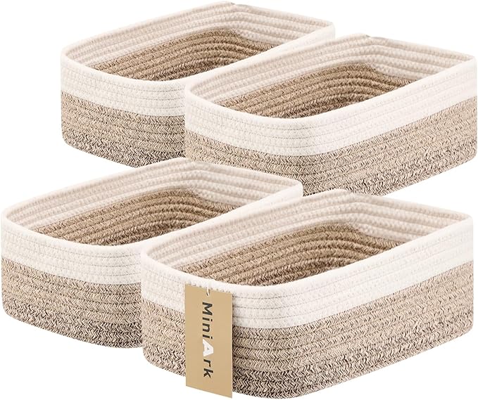 Small Storage Baskets for Organizing | Closet Organizer Bins | Shelf Toy Basket | Woven Rope Baskets | Cube Decorative Box | Shallow Basket |11.5x7.5x4.7”| 4 Packs Gradient Brown