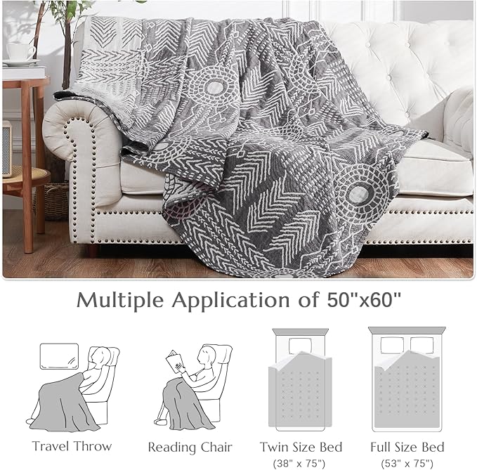 jinchan Boho 100% Cotton Muslin 50x60 Throw Blanket Lightweight 3 Layer Grey Blanket Washable Reversible Breathable Decorative Geometric Striped Patterned Gray Soft Cozy for Sofa Bed All Season Gift