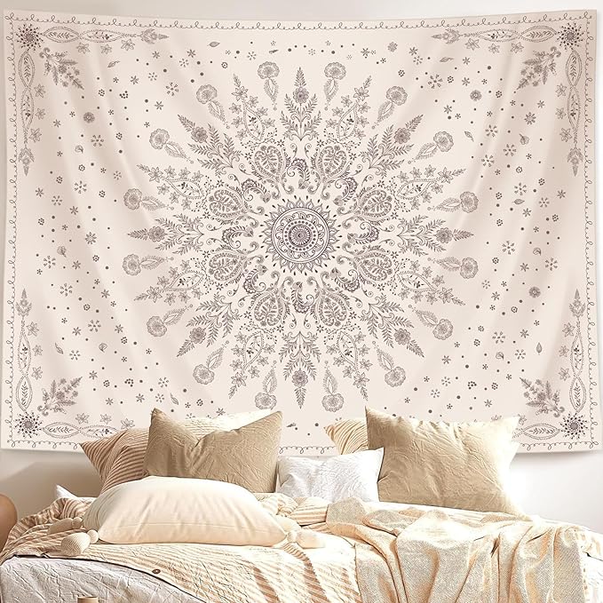 Lunerfex Boho Floral Tapestry Mandala Wall Tapestry, Cute Tapestries for Bedroom Beige Flower Tapestries Wall Hanging for Bedroom Living Room Decor Beige-1 60"x80"