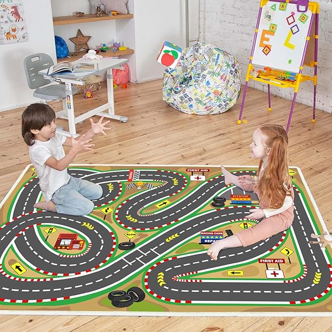 Kids Rug Play mat Playroom Rugs Car Rugs for Kids Toy Cars Race Track for Classroom Rug (Race-Brown, 6.6x9.8ft)
