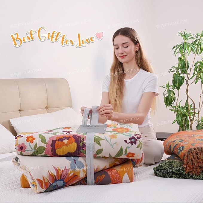Boho Large Throw Blanket, 100% Organic Cotton Breathable Soft Bed Throw - Floral Farmhouse Decor Blanket for Sofa Couch Chair and Gift. 91" x 98"- Orange