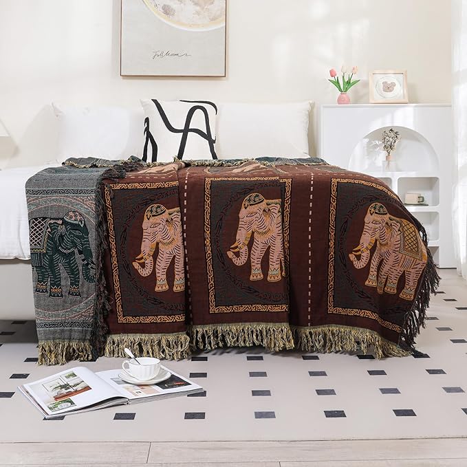 Boho Throw Blanket for Bed with Tassels,100% Cotton Ultra Soft and Cozy Large Blanket Elephant Printed Farmhouse Decor Bed Blankets,80"×90" All Season Rustic Throw for Sofa Couch Chair-Brown