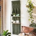 Hanging Shelf Macrame Wall Hanging Green Boho Shelfs with Tassels 2 Tier Floating for Plants Bedroom Dorm Living Room Wall Decor Rustic Wooden Organizer(Wood)