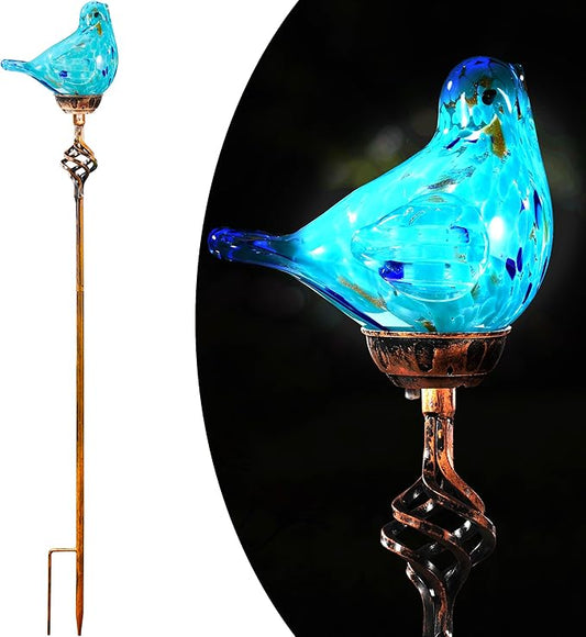 Decorative Solar Lights, Outdoor Solar Bird Stake Lights, Hand Blown Glass Decorative Garden Pathway Lights Outdoor Waterproof Glass Stakes (Light Blue)
