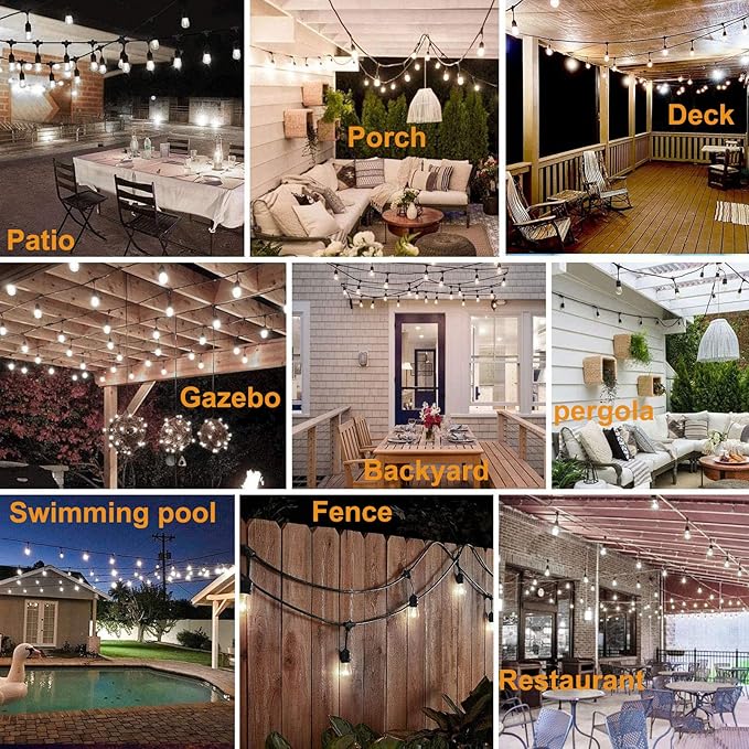 48FT Outdoor String Lights LED Heavy-Duty Waterproof Patio Lights with 16 Shatterproof Plastic 2200K Warm White Bulbs for Patio Gazebo Pergola Cafe Market Bistro