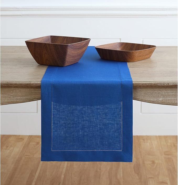 Solino Home Linen Royal Blue Table Runner 60 Inches - Classic Hemstitch, 100% Pure Linen Coffee Table Runner 14 x 60 Inch Ideal for Dresser Tables