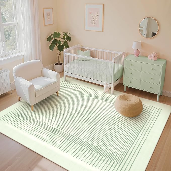 Wonnitar Washable Striped 8x10 Rugs for Living Room, Non-Slip Soft Sage Green Bedroom Rug, Low Pile Minimalist Floor Carpet for Nursery Playroom Dining Room Department (Green, 8' x 10')