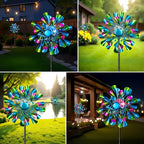60'' Wind Spinner with Color Glass Ball Solar Lights, Green Peacock Feathers Metal Garden Outdoor Decor Yard Lawn Art Decor for Patio Kinetic Windmills Unique Gifts for Friends and Family
