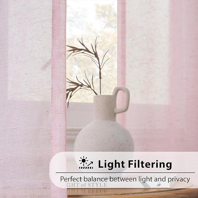 FMFUNCTEX Linen Sheer Curtains for Bedroom, Pink Curtains 63 Inch Length for Living Room, Blush Pink Farmhouse French Flax Blend Window Draperies, Rod Pocket 2 Panels Set
