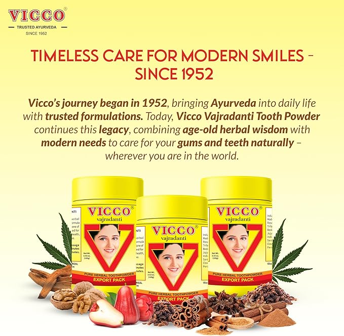 Vicco Vajradanti Herbal Tooth Powder, Classic Ayurvedic Blend with 18 Herbs & Barks, 3.53 oz (Pack of 3)