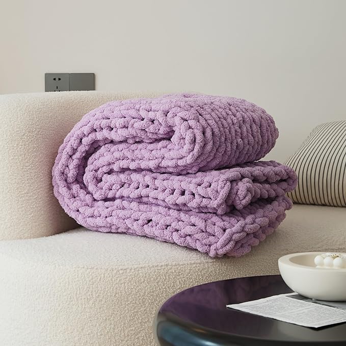 WESHIONGOO Chunky Knit Blanket Throw 50"×60" Knitted Throw Blankets for Couch Bed Fluffy Soft Blanket with Jumbo Chenille Yarn Thick 100% Handmade(Lilac)