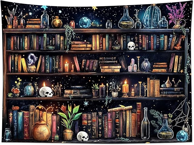 HVEST Magic Bookshelf Wall Tapestry Vintage Bookshelf Witchy Books Plant Skull Gothic Halloween Tapestry Wall Hanging Starry Sky Tapestries for Bedroom Living Room Dorm, 70.9L x 92.5W Inches