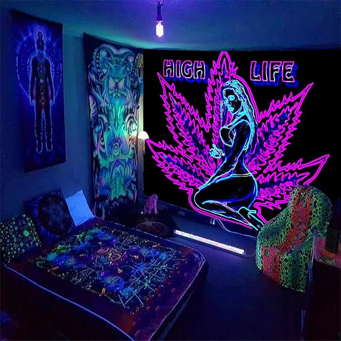 ADDWel Blacklight Tapestry for Bedroom, Tapestry Glow In The Dark, UV Reactive Black Light Posters Wall Hanging for Bedroom Dorm Living Room Backdrop Decor