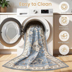 Washable Area Rugs for Living Room - 7x9 Neutral Vintage Distressed Floral Farmhouse Boho Large Soft Floor Rug Indoor Non Slip Carpet for Living Room Bedroom Dining Room Office - Blue
