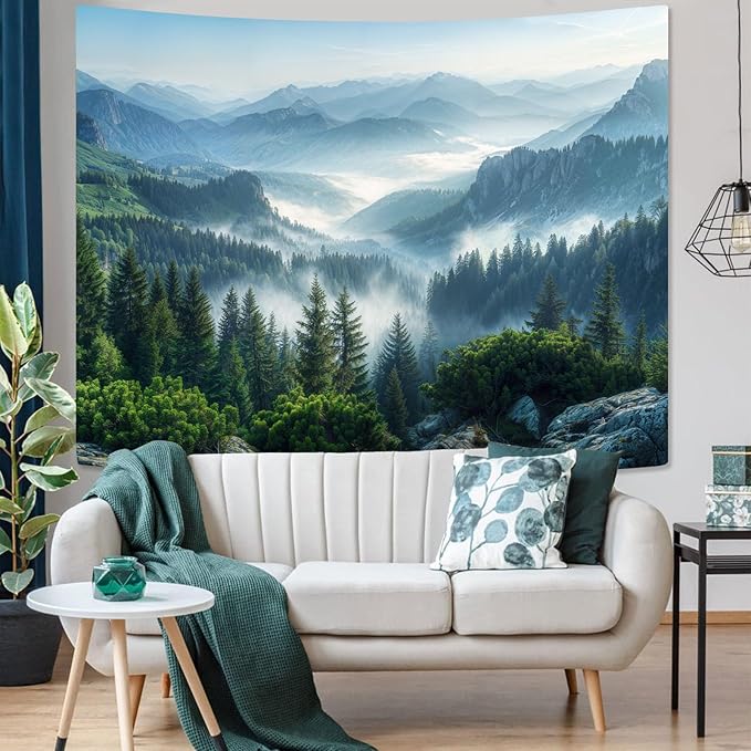 AMM Nature Forest Mountain Tapestry Green Misty Pine Tree Tapestry for Bedroom Aesthetic Foggy Woodlands Sky Landscape Tapestries Wall Hanging for Living Room Dorm 48 x 36 Inch