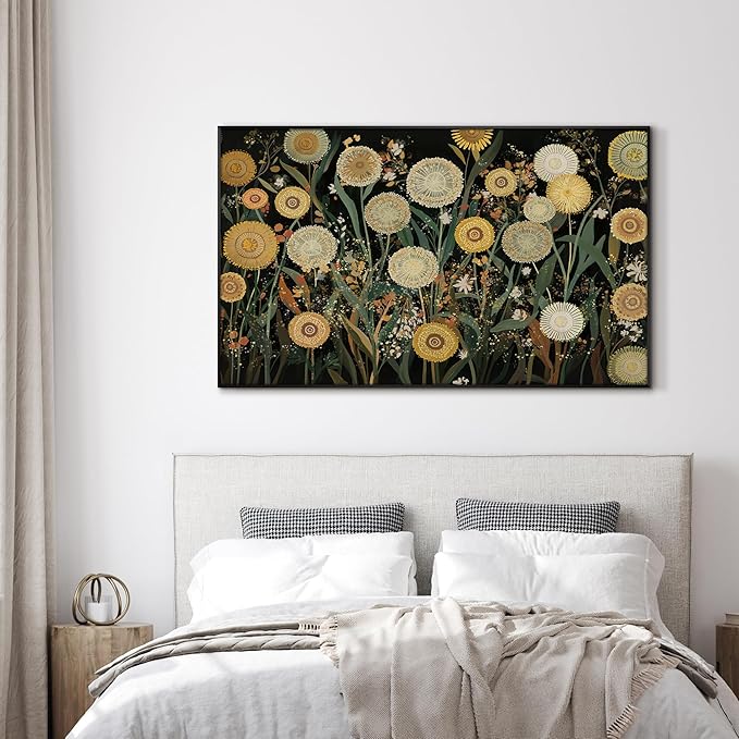 SIGNWIN 30"x60" Extra Large Framed Wall Art Whimsical Dandelion Field in Yellow and Green, Playful Botanical Print for Home Living Room Bedroom Decor (Frame Assembly Required)