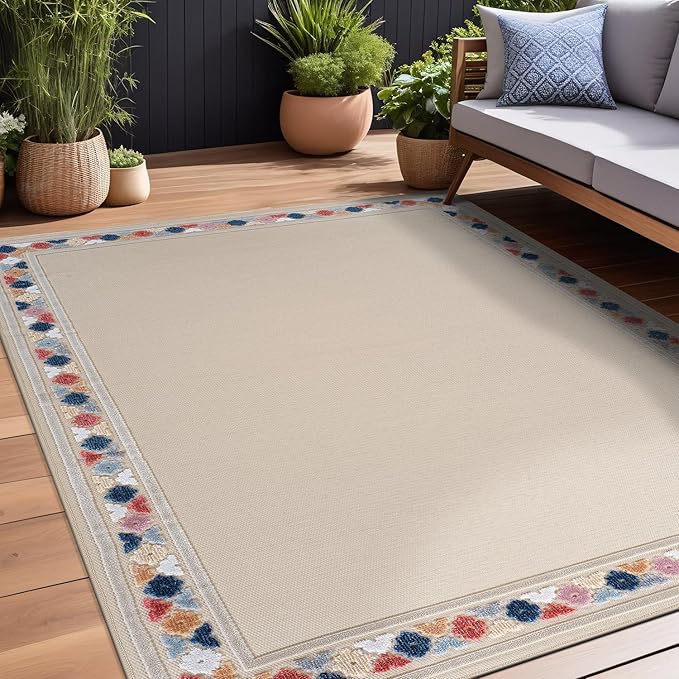 Beverly Rug Outdoor Rug 10x14 Modern Bordered Large Area Rugs for Indoor and Outdoor Patio Easy to Clean Non Shedding Living Room Porch Garden Washable Outside Carpet (10 x 14 Beige)