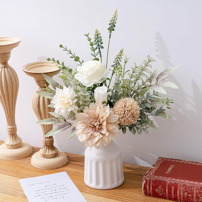 Fake Flowers in Vase, Artificial Flowers with Vase, 15.7'' Floral Arrangements for Dining Table Centerpiece Decor, Silk Roses & Faux Dahlia Bouquet for Farmfouse Kitchen Coffee Table Decor (Brown)