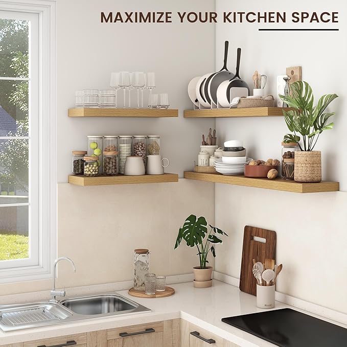 Floating Shelves for Wall, 2 Large Wall Mounted Shelves with Invisible Brackets, Long Wood Floating Wall Shelf Shelves for Living Room, Bedroom, Kitchen, (Oak, 24" W x 9" D x 1.5" H)