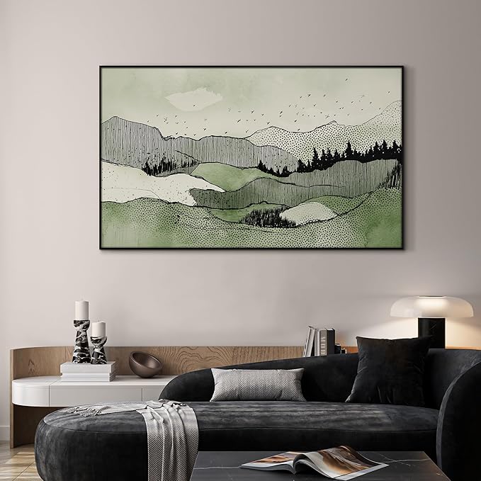 SIGNWIN 36"x60" Extra Large Framed Wall Art Green Line Art Mountain Landscape Illustration for Home Living Room Bedroom Decor (Frame Assembly Required)