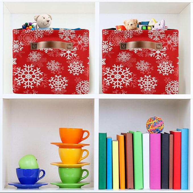 Christmas White Snowflakes on Red Storage Basket Cube Storage Bins Organizer Bag Collapsible Closet Shelf Baskets with handle for Baby Cloth Pet Toy Book 14.2×10.2×8.3 IN