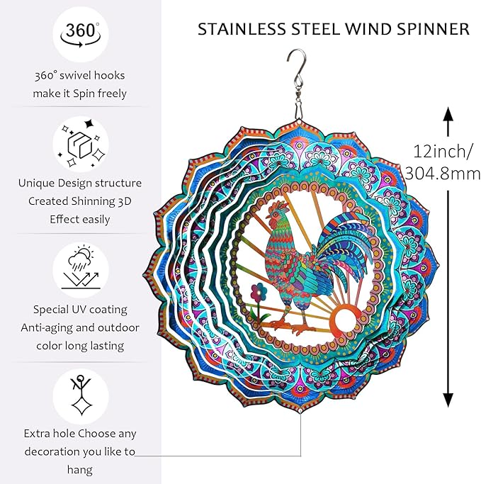 Rooster Wind Spinner for Yard and Garden,12in Wind Spinners Outdoor Rooster Gifts,Chicken Gifts for Women Mother Grandma Wife Men Father,Garden Decor Metal Hanging Yard Art Wind Sculpture