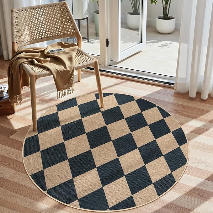 Lahome Checkered Round Entryway Rug 4ft, Circle Indoor Outdoor Patio Rug Washable Farmhouse Easy Jute Kitchen Rugs, Contemporary Non Slip Round Carpet for Bedroom Front Porch