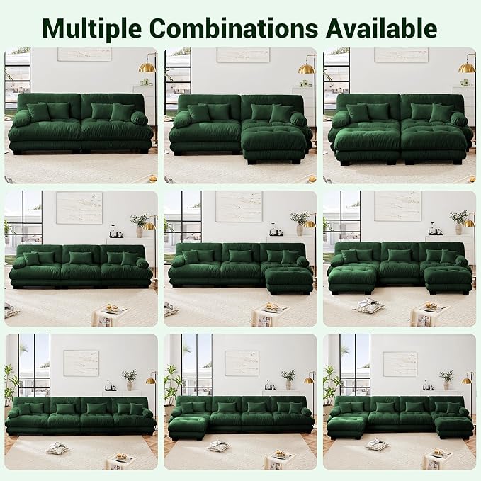 Modular Sectional Sofa, Cloud Couch U Shaped Sectional Couches for Living Room, Green Couch Oversized Loveseat with Movable Ottoman, Modern Deep Seat Sofa with Throw Pillows, Chenille