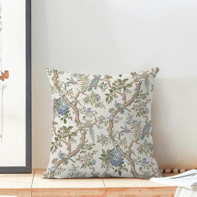 CXMEIFLY Chinoiserie Spring Pillow Covers 20 x 20 Inch Set of 2 for Blue Sage Green Vintage Flowers Bird Decor Throw Pillows Plant Farmhouse Outdoor Decorative Cushion Cases for Couch Bed Decorations