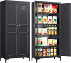 Metal Storage Cabinet with Doors and Shelves,Black Storage Cabinet with Leg,Metal Pantry Cabinets,Ventilated Pantry Closet,Tall Large Cupboard for Home,Kitchen,Dining/Living/Laundry Room
