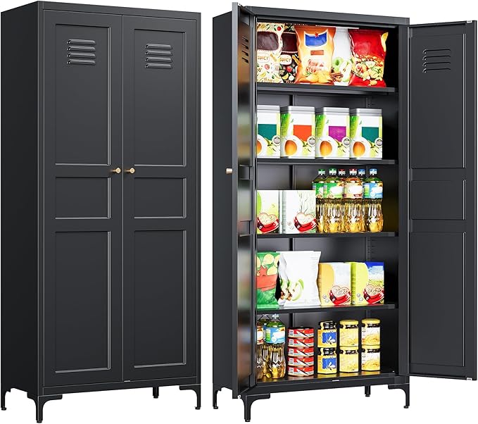 Metal Storage Cabinet with Doors and Shelves,Black Storage Cabinet with Leg,Metal Pantry Cabinets,Ventilated Pantry Closet,Tall Large Cupboard for Home,Kitchen,Dining/Living/Laundry Room