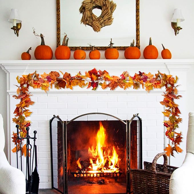 Lvydec 2 Pack Fall Maple Garland - 5.9ft/Piece Artificial Fall Foliage Garland Colorful Autumn Decor for Home Wedding Party (Mixed Color)