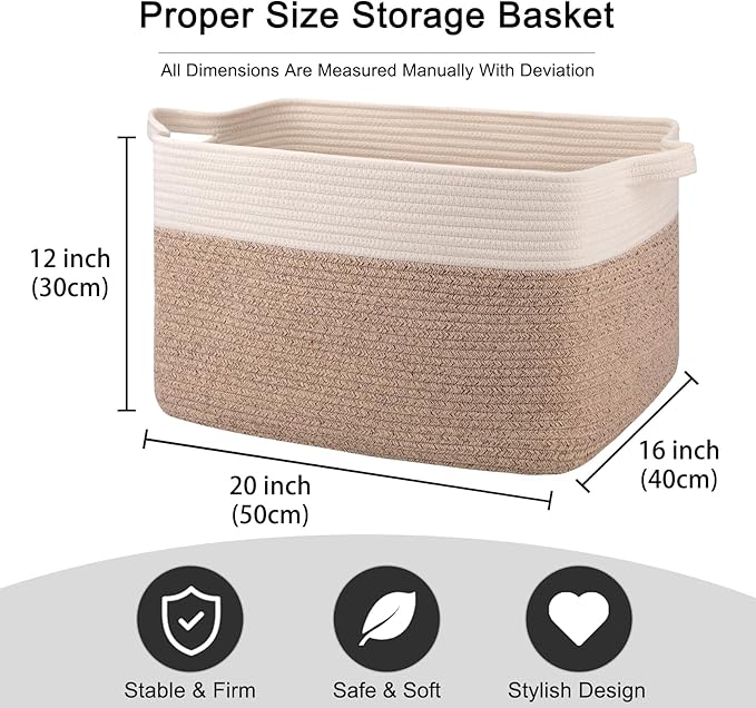 OIAHOMY 65L Blanket Basket, Cotton Rope Woven Blanket storage for Living Room, Rectangle Woven Baskets for Storage, 20''×16''×12'', Brown and White