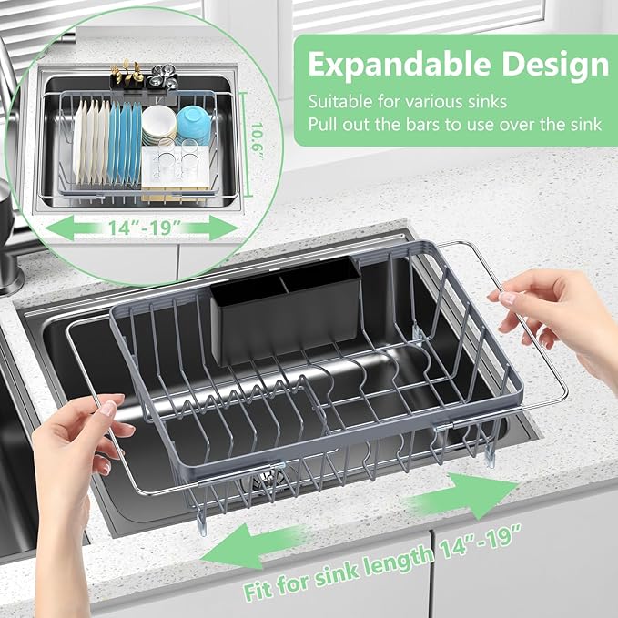 LEMIKKLE Expandable Dish Drying Rack- Space-Saving Dish Rack, Dish Drainers for Kitchen Counter with a Cutlery Holder, Over The Sink Dish Racks Fit for 14’’-19’’ Kitchen Sink Grey