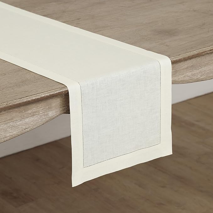 Solino Home Linen Ivory Table Runner 72 Inches Long - 100% Pure Linen Hemstitch Table Runner 14 x 72 Inch for Dresser, Dining, Fall, Autumn, Halloween, Thanksgiving - Classic Hemstitch