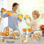 Fall Party Decorations,144Pcs Fall Thanksgiving Tableware Set Includes Plates,Napkins,Knife,Fork Black and White Buffalo Plaid Pumpkin Theme Decorations for Autumn Harvest,Thanksgiving Day