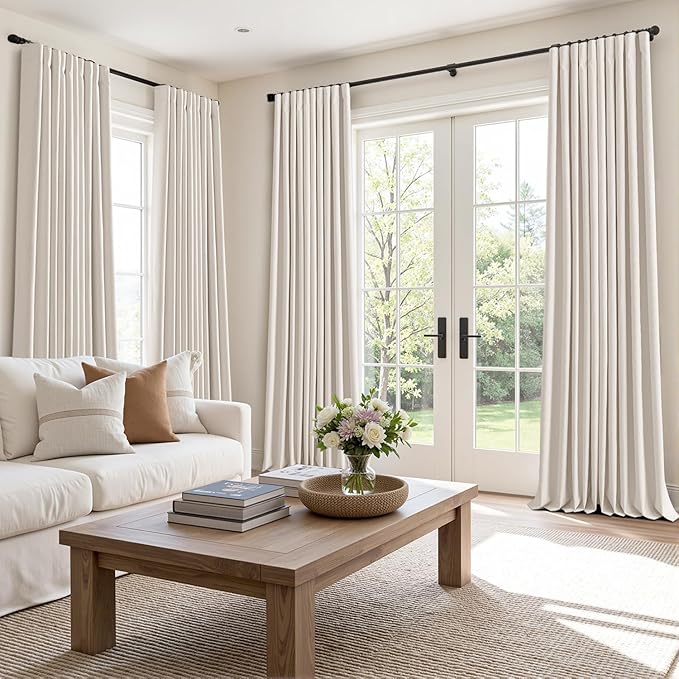 MIULEE 100% Blackout Curtains 84 Inch Long 2 Panels for Bedroom, Thick Luxury Faux Linen Black Out Curtain Room Darkening Back Tab Pleat Window Textured Drapes with Hooks for Living Room, Ivory