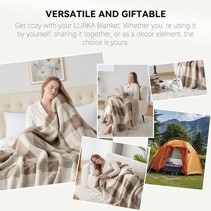 LURKA Checkered Sherpa Fleece Twin-Size Bed Blanket - Extra Thick and Warm Winter Soft Fuzzy Plush Blanket for Couches, Beds & Pets, Khaki, 60x80 Inches